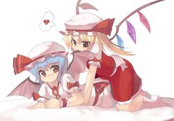  2girls bat_wings biting blonde_hair blue_hair blush commentary_request flandre_scarlet hat heart incest md5_mismatch mob_cap multiple_girls nora_(galahad) oerba_yun_fang remilia_scarlet ribbon siblings sisters touhou uncommon_stimulation wings yuri 