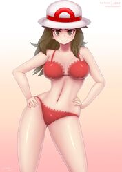  1girls abs big_breasts brown_eyes brown_hair female female_only hand_on_hip hat human human_only large_hips leaf_(pokemon) lingerie looking_at_viewer picot_trim picot_trim_bra picot_trim_panties pokemon pokemon_frlg red_bra red_lingerie red_panties red_underwear solo underwear zelc-face 