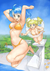  2girls armpits arms_up bikini blonde_hair blue_eyes blue_hair breasts cleavage day diving_block diving_board forest garex innertube jumping large_breasts multiple_girls nature open_mouth orange_bikini original outdoors parasol photoshop_(medium) pool ribs short_hair sky swim_ring swimsuit twintails umbrella water water_slide waterpark 