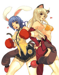  2girls abs animal_ears armpits bikini bikini_top_only blonde_hair blue_hair boxing_gloves breasts bunny_(trickster) cat_(trickster) cat_ears cat_tail detached_sleeves ear_piercing earrings headband heart imigimuru jewelry large_breasts locked_arms long_hair looking_back midriff multiple_girls muscular one_eye_closed open_mouth piercing purple_eyes rabbit_ears rabbit_tail red_eyes short_hair sideboob single_earring skirt swimsuit tail thighhighs trickster_(ntreev_soft) white_thighhighs zettai_ryouiki 