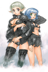  2girls black_eyes blue_hair boots bra breasts garex green_eyes grey_hair large_breasts lingerie midriff multiple_girls original photoshop_(medium) pointy_ears short_hair thigh_boots thighhighs underboob underwear 