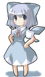  blue_dress blue_hair blush bow chibi cirno commentary_request dress female full_body hands_on_own_hips partial_commentary puffy_short_sleeves puffy_sleeves putiren ribbon short_sleeves smile solo standing touhou wings 