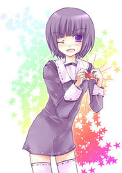  blush bob_cut dress elysion female heart heart_hands heart_in_heart_hands long_sleeves looking_at_viewer oerba_yun_fang one_eye_closed purple_dress purple_eyes purple_hair ribbon-trimmed_clothes ribbon-trimmed_collar ribbon-trimmed_sleeves ribbon-trimmed_thighhighs ribbon_trim sailor_collar shima_hinako short_hair solo soror sound_horizon thighhighs zettai_ryouiki 