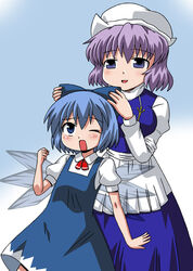  2girls blue_hair cirno commentary_request hat letty_whiterock multiple_girls poinikusu ribbon touhou wings 