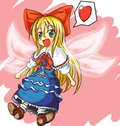  blonde_hair blue_dress bow brown_footwear commentary_request doll dress fda_yoshifu female green_eyes hairbow heart long_hair open_mouth red_bow shanghai_doll smile solo spoken_heart touhou wings 