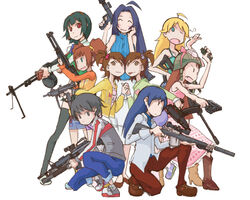  6+girls ^_^ ammunition_box annotated anti-materiel_rifle assault_rifle bare_arms barrett_m82 battle_rifle benelli_m4 bipod black_thighhighs blonde_hair blue_bow blue_hair blue_pants blue_shirt blue_sweater blush bow brown_footwear brown_pants call_of_duty call_of_duty_4 chin_strap closed_eyes closed_mouth clothes_writing collared_shirt combat_helmet combat_shotgun commentary_request everyone explosive facing_viewer finger_on_trigger from_side full_body futami_ami futami_mami green_hair green_headwear grenade grenade_launcher grey_footwear grey_jacket group_picture gun gun_sling h&amp;k_mp5 h&amp;k_usp hair_bobbles hair_ornament hairband handgun heart heart_print helmet holding holding_gun holding_hands holding_rocket_launcher holding_weapon hoshii_miki idolmaster idolmaster_(classic) idolmaster_1 jacket kikuchi_makoto kisaragi_chihaya light_machine_gun long_sleeves looking_ahead looking_at_viewer luger_p08 m14 m203 m4_carbine machine_gun magazine_(weapon) minase_iori mini_uzi miura_azusa mole mole_under_mouth multicolored_clothes multicolored_footwear multicolored_jacket multiple_girls no_sclera on_one_knee open_clothes open_jacket open_mouth optical_sight orange_sleeves otonashi_kotori pants red_eyes red_footwear red_jacket ribbed_sweater rifle rocket_launcher rpd rpg-7 rpg_(weapon) scope shirt shoes shotgun simple_background sleeveless sleeveless_sweater sleeveless_turtleneck sniper_rifle submachine_gun suppressor sweater takatsuki_yayoi thighhighs tongue tugeneko turtleneck turtleneck_sweater twintails underbarrel_grenade_launcher undone_chin_strap untucked_shirt weapon white_background white_shirt yellow_jacket 