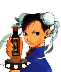  bottle bracelet bun_cover china_dress chinese_clothes chun-li double_bun dress earrings female hair_bun harumaru highres ikeno_daigo jewelry photoshop_(medium) product_placement solo spiked_bracelet spikes street_fighter street_fighter_iii_(series) 