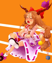  chains closed_eyes commentary_request crossed_legs dress female horns ibuki_suika itsukage long_hair open_mouth orange_hair ribbon saliva sitting solo touhou yawning 