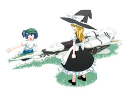  2girls aircraft bad_id bad_pixiv_id blonde_hair blue_hair blush_stickers broom hat hover_bike kawashiro_nitori kirisame_marisa long_hair mechanical_broom multiple_girls sweatdrop tama_(speedgrapher) touhou two_side_up unconventional_broom witch_hat 