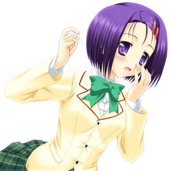  blush female green_skirt holding_tenbou mahjong plaid plaid_skirt purple_eyes purple_hair sainan_high_school_uniform sairenji_haruna school_uniform short_hair skirt solo tenbou thighhighs to_love-ru yaoyorozu-kobo zettai_ryouiki 