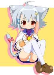  ahoge animal animal_ears animal_on_lap bell blush cat_ears cat_hair_ornament cat_on_lap cathead crossed_legs feline female grey_hair hair_ornament hairclip matsubara_ryuu multicolored_hair on_lap original panties pantyshot photoshop_(medium) red_eyes ribbon school_uniform sitting solo striped_clothes striped_panties tail tail_ornament tail_ribbon thighhighs two-tone_hair underwear 