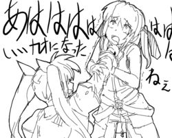  2girls belt buckle cool_your_head greyscale jacket lifting_person lyrical_nanoha magical_girl mahou_shoujo_lyrical_nanoha_strikers monochrome multiple_girls neck_lift open_clothes open_jacket rkrk sketch strangling takamachi_nanoha teana_lanster twintails white_devil 