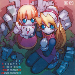  2girls alouette_(mega_man) blonde_hair blue_eyes blush_stickers calendar_(medium) ciel_(mega_man) dress feline from_above gloves looking_up mega_man_(series) mega_man_zero_(series) multiple_girls nakayama_tooru official_art pantyhose pointing pointing_at_viewer ponytail rubble sleeveless sleeveless_dress 