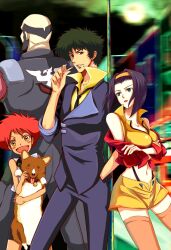  2boys 2girls androgynous beard bike_shorts black_hair blush_stickers breasts canine cigarette commentary_request cowboy_bebop dark_skin edward_wong_hau_pepelu_tivrusky_iv ein_(cowboy_bebop) facial_hair faye_valentine goggles green_eyes hairband jet_black medium_breasts midriff multiple_boys multiple_girls photoshop_(medium) purple_hair raphael1864_(1071398) red_hair reverse_trap short_hair spike_spiegel thighhighs welsh_corgi zettai_ryouiki 