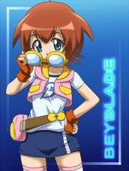  amano_madoka awa beyblade blue_eyes brown_hair fingerless_gloves gloves goggles hand_on_hip hips short_hair smile solo standing 