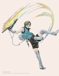  1boy amamiya_isa blonde_hair blue_eyes boots energy_sword full_body gloves gun highres jacket male_focus official_art scabbard sheath shorts simple_background sin_and_punishment solo suzuki_yasushi sword treasure_(developer) tsumi_to_batsu:_sora_no_koukeisha weapon 