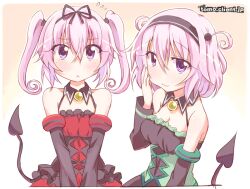  2girls :&lt; :3 bad_id bad_pixiv_id blush demon_tail detached_sleeves hairband kitahara_tomoe_(kitahara_koubou) long_hair looking_at_viewer momo_velia_deviluke multiple_girls nana_asta_deviluke no_nose pink_hair purple_eyes ribbon short_hair siblings sisters smile tail to_love-ru twins twintails 