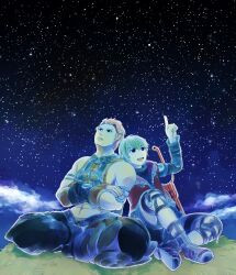  2boys blonde_hair blue_eyes bone_(stare) commentary_request indian_style multiple_boys night night_sky pointing red_hair reyn_(xenoblade) shulk_(xenoblade) sitting sky star_(sky) stargazing xenoblade_chronicles_(series) xenoblade_chronicles_1 