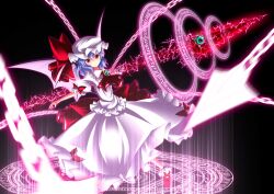  ascot blue_hair chains commentary_request female glowing glowing_weapon goryou_shigeru hat hat_ribbon highres magic_circle miserable_fate red_eyes remilia_scarlet ribbon shirt skirt skirt_set solo sparks spear_the_gungnir touhou weapon 