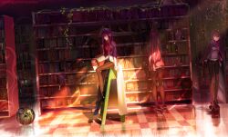  book bookshelf boots cao_xiong checkered_floor commentary_request female headphones highres jacket lab_coat ladder library long_hair makise_kurisu metal_upa necktie pantyhose pantyhose_under_shorts photoshop_(medium) plant reflective_floor shorts sitting steins;gate tiptoes vines 