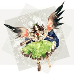  arm_cannon barefoot black_wings bow brown_eyes brown_hair cape commentary_request concrete female green_skirt hairbow highres reiuji_utsuho shirt shoes single_shoe skirt solo space star_(sky) third_eye touhou uram weapon wings 