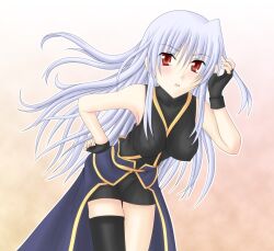  blush commentary_request female fingerless_gloves gloves lyrical_nanoha mahou_shoujo_lyrical_nanoha mahou_shoujo_lyrical_nanoha_a&#039;s red_eyes reinforce single_thighhigh solo sooichi_(diabolicemission) thighhighs white_hair 