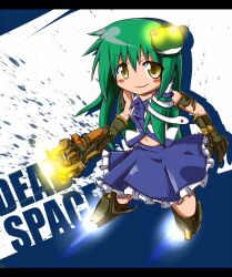  bare_shoulders blush boots commentary_request dead_space detached_sleeves female frog gloves green_hair hair_ornament hair_tubes honehone kochiya_sanae long_hair skirt smile snake solo touhou yellow_eyes 