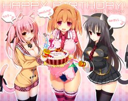  3girls agekichi_(heart_shape) animal_ears apron bell birthday birthday_cake black_legwear blush borrowed_character breasts brown_hair cake cassini_m_bisuko chiri_(atlanta) cleavage collaboration collar commentary_request food giuniu happy_birthday hat long_hair medium_breasts mia_flatpaddy multiple_girls neck_bell necktie open_mouth original photoshop_(medium) pink_eyes red_eyes ribbon school_swimsuit shia_flatpaddy striped_clothes striped_thighhighs swimsuit swimsuit_under_clothes tail tail_ornament tail_ribbon thighhighs translated twintails two_side_up 