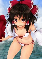  bikini blush bow brown_eyes brown_hair chikado collarbone commentary_request detached_sleeves female frills front-tie_top hair_tubes hairbow hakurei_reimu leaning_forward navel open_mouth red_bow shiny_skin short_hair side-tie_bikini_bottom skirt solo sweatdrop swimsuit touhou undressing water 