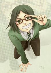  1boy black_hair bob_cut commentary_request fate/zero fate_(series) full_body glasses green_eyes kingfrogs male_focus necktie smile solo waver_velvet 