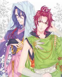  2boys arm_wrap bad_id bad_pixiv_id bandages bridal_gauntlets japanese_clothes kimono lips male_focus mole multiple_boys orange_eyes original purple_eyes purple_hair red_hair sencha_(senchat) sleeveless 