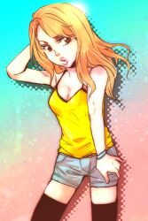  blonde_hair breasts brown_eyes cleavage commentary_request female karina_lyle lips long_hair makoto1009 medium_breasts shorts solo tank_top thighhighs tiger_&amp;_bunny 