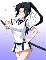  bad_id bad_pixiv_id black_hair blue_eyes female kawakami_academy_school_uniform maji_de_watashi_ni_koi_shinasai! marugoshi_teppei minamoto_yoshitsune_(maji_de_watashi_ni_koi_shinasai!) photoshop_(medium) ponytail school_uniform sheath solo sword unsheathing weapon 