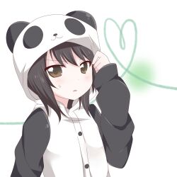  animal_costume bad_id bad_pixiv_id black_hair female funami_yui heart heart_of_string looking_at_viewer mishima_kurone open_mouth panda_costume short_hair solo sweatdrop yuru_yuri 