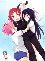  4girls :d akemi_homura alternate_costume angry backpack bad_id bad_pixiv_id bag black_hair blue_eyes blue_hair blush blush_stickers buruma crossdressing flag gakuran girl_sandwich gym_uniform hachimaki hair_ornament hair_ribbon hairband headband hug jing_hu kaname_madoka long_hair looking_at_another love_triangle mahou_shoujo_madoka_magica mahou_shoujo_madoka_magica_(anime) miki_sayaka multiple_girls oerba_yun_fang open_mouth ouendan outdoors pants pennant pink_eyes pink_hair purple_eyes red_eyes red_hair reverse_trap ribbon sakura_kyoko sandwiched school_uniform short_hair short_twintails sky smile sports_festival tomboy twintails yuri 