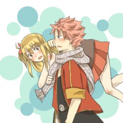  1boy blonde_hair blush carrying carrying_over_shoulder commentary_request couple erinan fairy_tail female lucy_heartfilia natsu_dragneel over_shoulder pink_hair scarf skirt straight 