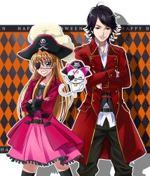  1boy animification argyle_background belt black_hair blue_eyes captain_marvelous commentary_request cosplay crossover dress eyepatch feline female halloween happy_halloween hat houjou_hibiki hummy_(suite_precure) jolly_roger kaizoku_sentai_gokaiger long_hair mahkn photoshop_(medium) pink_dress pirate pirate_hat precure season_connection short_hair skull skull_and_crossbones skull_and_crossed_swords suite_precure super_sentai 