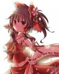  armpits ascot bad_id bad_pixiv_id between_fingers bow brown_eyes brown_hair detached_sleeves female flower hair_flower hair_ornament hair_tubes hairbow hakurei_reimu highres holding midriff navel no_panties ofuda pasutel ponytail shirt skirt skirt_set smile solo touhou 