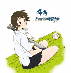  bad_id bad_pixiv_id baseball baseball_bat black_hair female grass konno_makoto looking_at_viewer mako_(macomaco7) pleated_skirt school_uniform short_hair sitting skirt smile solo toki_wo_kakeru_shoujo 