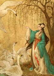  animal bird brown_hair chinese_clothes commentary_request duijin_ruqun female flower hair_flower hair_ornament hanfu long_hair nayoung_wooh photoshop_(medium) solo standing swan the_wild_swans_(andersen) tree 