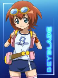  amano_madoka awa beyblade blue_eyes brown_hair fingerless_gloves gloves goggles short_hair smile solo standing undressing vest 