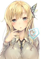  ? blonde_hair blue_eyes blush boku_wa_tomodachi_ga_sukunai breasts butterfly_hair_ornament commentary_request dsmile female hair_ornament kashiwazaki_sena large_breasts long_hair necktie school_uniform shirt solo st._chronica_academy_school_uniform sweater taut_clothes taut_shirt 