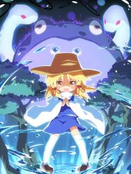  ayakashi_(monkeypanch) blonde_hair blush commentary_request female frog hair_ribbon hat highres mishaguji moriya_suwako ribbon snake solo thighhighs touhou zettai_ryouiki 