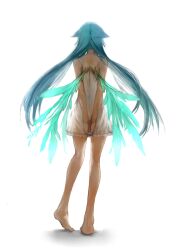  aqua_hair arms_behind_back bare_back bare_shoulders barefoot charimei commentary female from_behind full_body long_hair saya_(saya_no_uta) saya_no_uta simple_background skirt solo very_long_hair white_skirt wings 