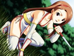  :d alternate_costume arm_guards arm_support bare_shoulders blurry breasts brown_hair cleavage collarbone commentary_request cosplay day dead_or_alive depth_of_field dutch_angle elbow_gloves female field fighting_stance fingerless_gloves from_side gloves grass hairband holding holding_weapon idolmaster idolmaster_(classic) japanese_clothes kasumi_(doa) kasumi_(doa)_(cosplay) kimono knife long_hair looking_at_viewer minase_iori muhi11234 on_one_knee open_mouth outdoors panties pelvic_curtain red_eyes sash shin_guards side-tie_panties side_slit skindentation sky small_breasts smile solo swept_bangs thighhighs tree underwear very_long_hair weapon white_gloves white_thighhighs 