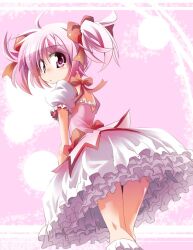  bubble_skirt commentary_request female frills kaname_madoka kaname_madoka_(magical_girl) kazekawa_nagi looking_at_viewer looking_back magical_girl mahou_shoujo_madoka_magica mahou_shoujo_madoka_magica_(anime) pink_eyes pink_hair ribbon short_hair skirt solo twintails 