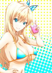  bikini blonde_hair blue_bikini blue_eyes boku_wa_tomodachi_ga_sukunai breasts butterfly_hair_ornament cleavage commentary_request computer_mouse female front-tie_top hair_ornament hand_on_own_hip kashiwazaki_sena large_breasts long_hair photoshop_(medium) smile solo string_bikini swimsuit takamura_wamu underboob 