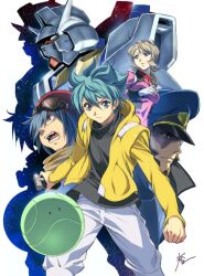  3boys commentary_request dique_gunhale emily_armond female flit_asuno goggles goggles_on_head grodek_ainoa gundam gundam_age gundam_age-1 haro hat homare_(fool&#039;s_art) jacket jpeg_artifacts mecha military military_hat military_uniform multiple_boys robot signature space star_(sky) uniform 