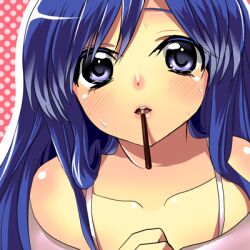  bare_shoulders blue_eyes blue_hair blush female food idolmaster idolmaster_(classic) incoming_pocky_kiss kisaragi_chihaya long_hair lowres mouth_hold pocky polka_dot polka_dot_background solo sweat upper_body yui_tooru 