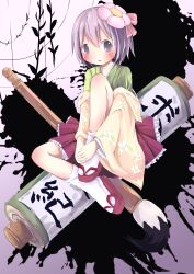  absurdres bad_id bad_pixiv_id calligraphy_brush female flower frilled_skirt frills full_body hair_flower hair_ornament hieda_no_akyuu highres looking_at_viewer oversized_object paintbrush pink_flower purple_eyes purple_hair purple_skirt sakuraba_hikaru_(loveindog) sandals scroll short_hair skirt socks solo touhou white_socks zouri 